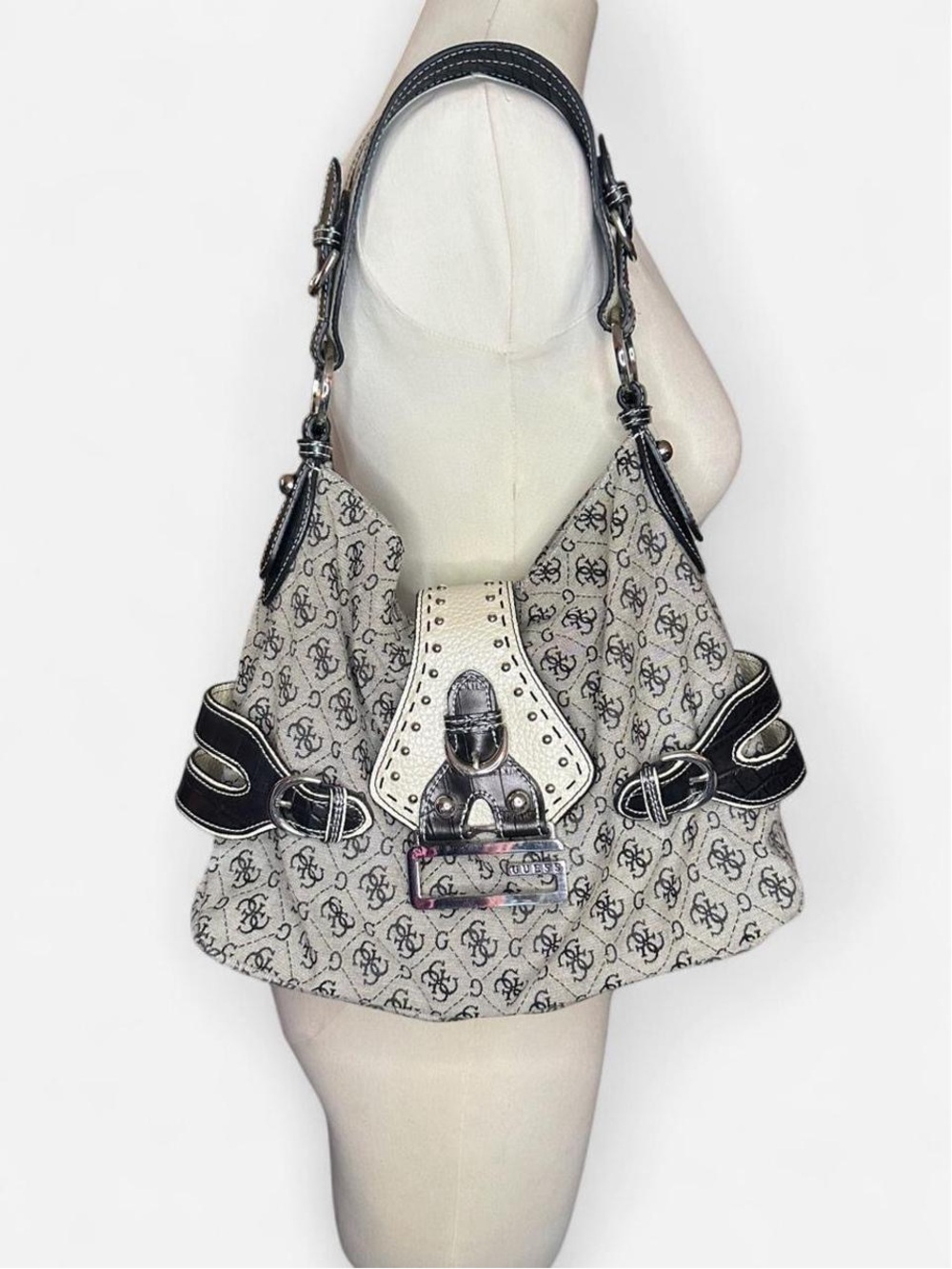 Vintage Guess Monogram Shoulder Hobo Canvad Bag in Beige and Black